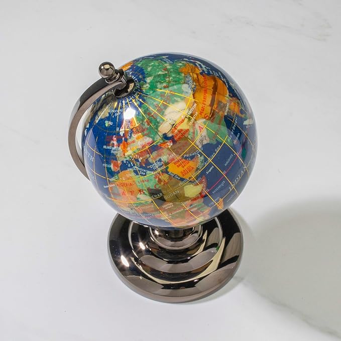 KALIFANO 7” Tall Gemstone Globe with Vibrant Polished Lapis Ocean and Mosaic Crystal Continents - World Globe with Metal Stand for Office & Home Décor