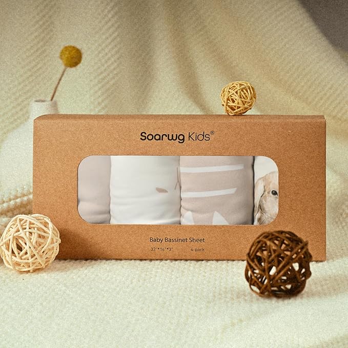 Bassinet Sheets 4 Pack, Bassinet Sheets for Baby Boy and Girl, Bassinet Sheet Neutral, Fit for Rectangle, Round, Oval, Hourglass Mattress, Flexible for Different Bassinet Pad/Mattress