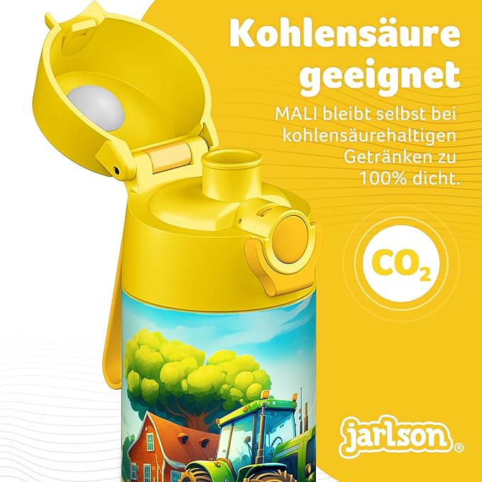 Jarlson® Mali Children's Water Bottle, Thermal Stainless Steel Water Bottle, BPA-Free, Leak-Proof, Children's Bottle with Chug Lid, Bottle for School, Nursery (Tractor Yellow, 12 oz)