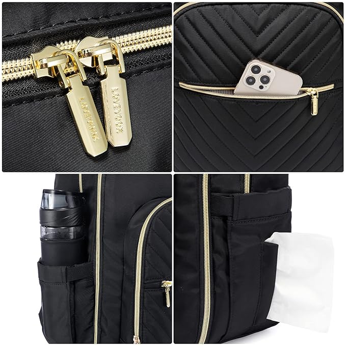 LOVEVOOK Diaper Bag Backpack with 2 Cubes, Quilted Baby Bag with Changing Pad & Pacifier Holder, Waterproof Travel Diaper Bags for Baby Boys Girls, Stylish and Large Capacity,5PCS Set, Black