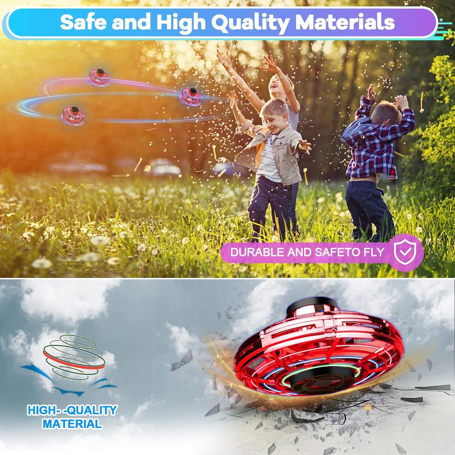 Hand Operated Mini Drone for Kids - LED UFO Flying Orb Ball, Rechargeable Mini Fidget Spinner Toy for Indoor Outdoor,Christmas Birthday Party Gifts for Girls Boys(Red)