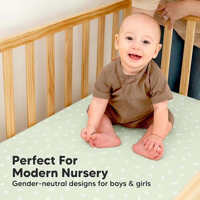 2-Pack Waterproof Baby Crib Sheets for Boys, Girls - 52x28 Viscose Derived from Bamboo Toddler Bed Sheet Neutral, Fitted Crib Mattress Protector Cover for Baby Bedding, Soft & Gentle (Herb)