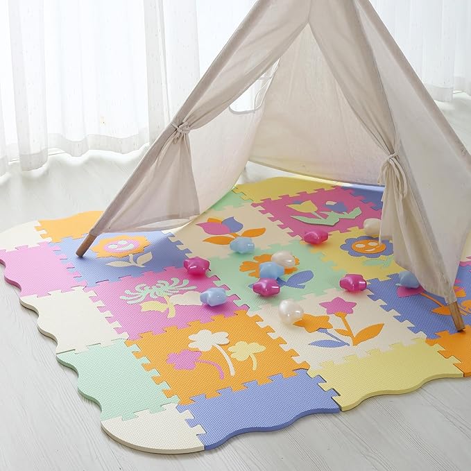 Foam Play Mat for Kids,25Pcs Square Interlocking Puzzle Floor Mat,Baby Play Mat Floor Mat Foam Puzzle Playmat for Toddlers with Fence(Flower-CSH037