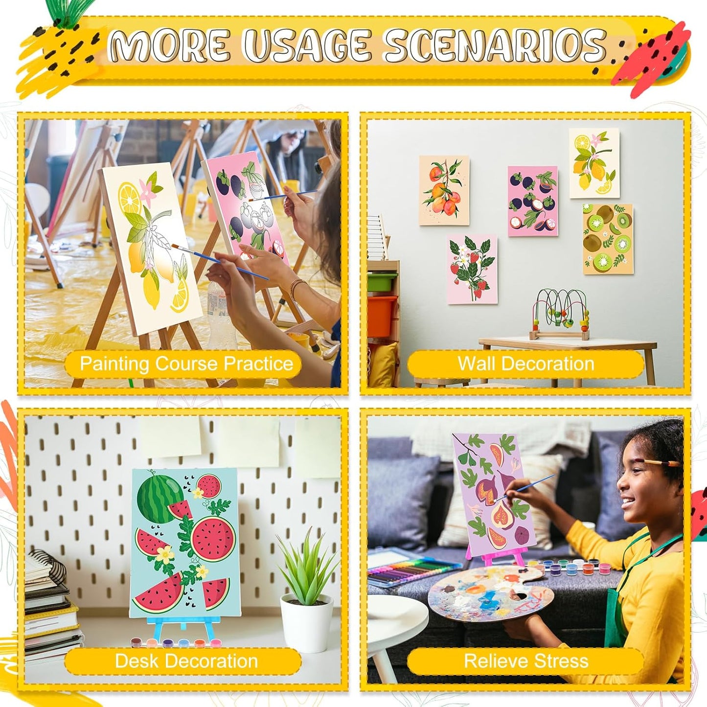 Blosssound 10 Set Pre Printed Canvas Pre Drawn Canvas Painting with Easel Kits 5" x 7" Outline Painting Panels for Beginners, DIY Craft Project, Party Favor, Home Decors(Fruit)