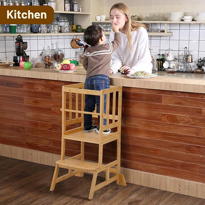 COSYLAND Toddler Standing Tower - Adjustable Height Toddler Kitchen Stool Helper - Kids Kitchen Step Stool for Learning with Removable Safety Railing Natural