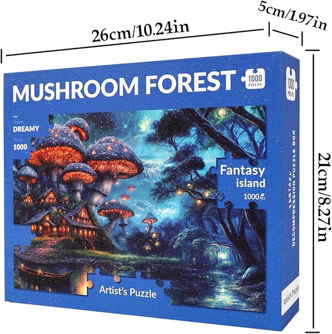 1000 Piece Fantasy Mushroom Forest Sparkling Jigsaw Puzzle for Adults – Glowing Fairy Houses, Enchanted Woods & Magical Waterfall – Dreamlike Whimsical Landscape Puzzle Gift