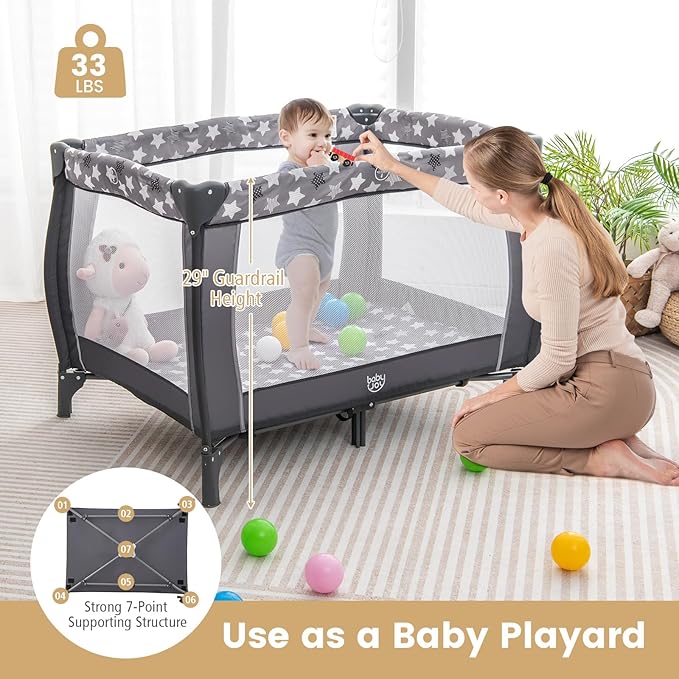 Costzon 3 in 1 Pack and Play with Bassinet, Portable Baby Playard with Changing Table, Music Box, Whirling Toys, Wheels/Brake, Basket, Bag, Foldable Infant Bassinet for Baby Toddlers Indoor Outdoor