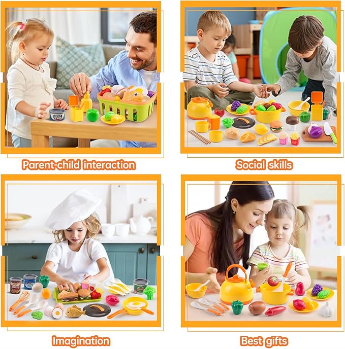 118Pcs Mini Play Kitchen Accessories for Kids, Pretend Cooking Playset with Cookware, Tableware & 2 Fruit Sets, Learning Gift for Girls, Boys, Toddlers, Yellow