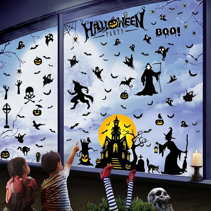Halloween Window Clings Halloween Window Decals Double-Side Removable Stickers for Halloween Decorations with Ghost Bats Pumpkins Witch Tombstone Haunted House Halloween Window Stickers