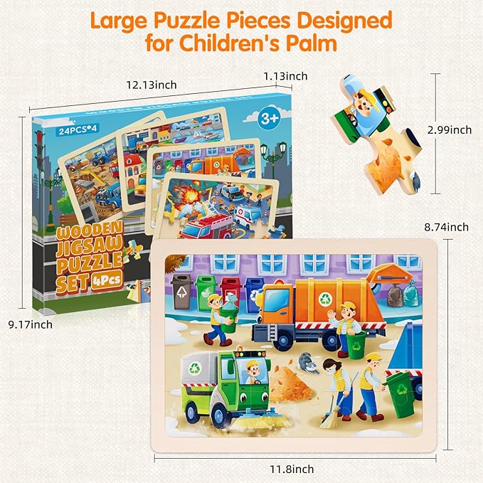 Jigsaw Puzzles Wooden Puzzles for Kids Ages 3-5 Preschool Educational Toddlers Toys Construction Vehicle Puzzle Fire Truck Urban Transportation Sanitation Truck Gifts for 3 4 5 6 Year Old Boys Girls