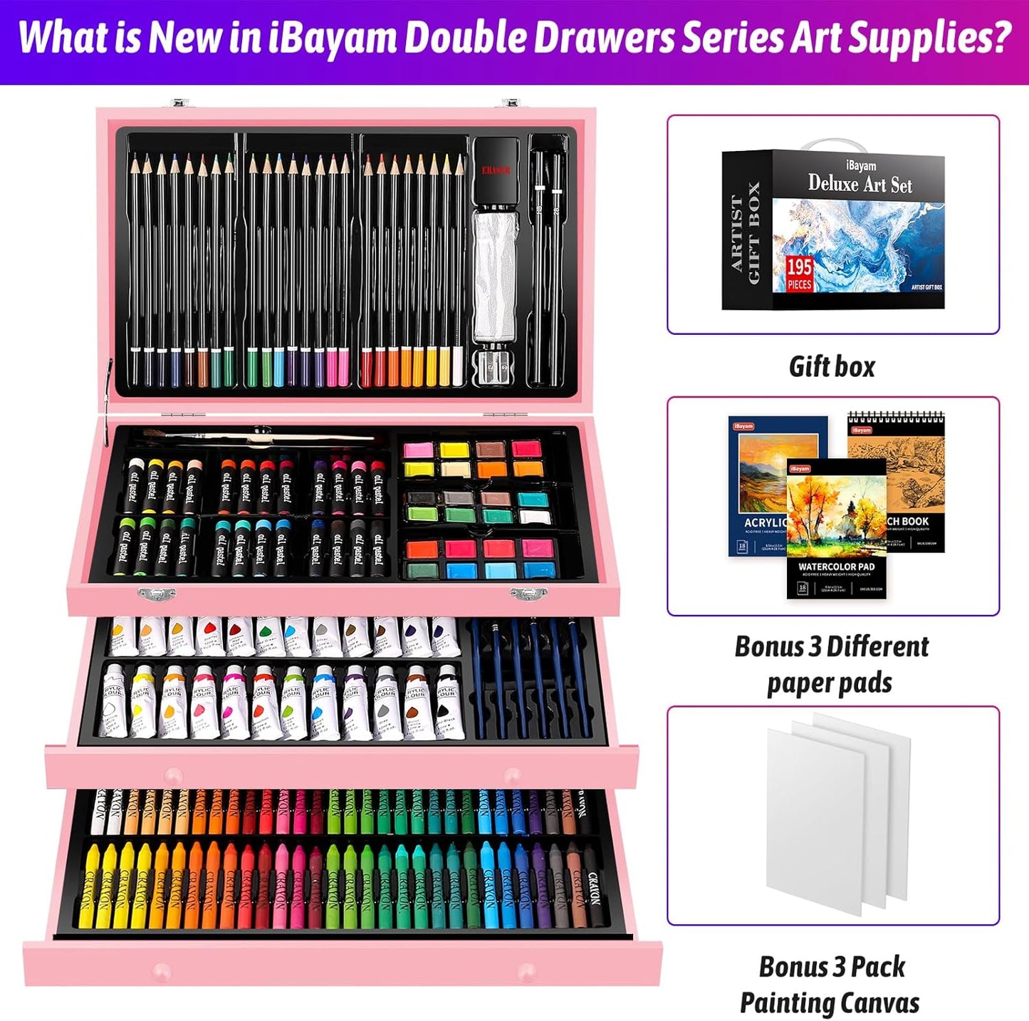 iBayam Gifts for Kids Teens Girls Women, 195-Pack Arts and Crafts Supplies for Adults Kids, Art Kits Paint Set for Acrylic Oil Watercolor Canvas Ceramic Rock Eggs Egg Tempera, Easter Basket Stuffers