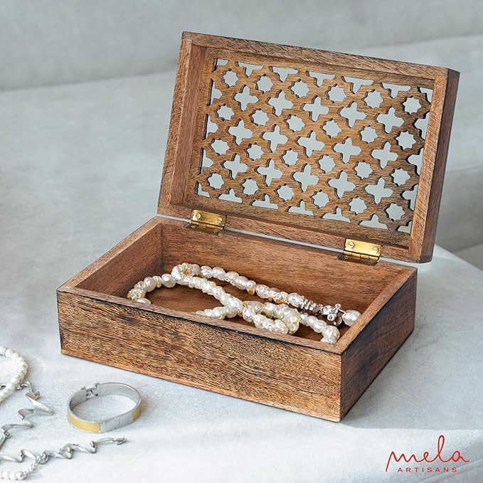 Mela Artisans Wooden Keepsake Box | Medium Burnt Mango Wood Memory & Photo Storage Box with Hinged Lid | Decorative Storage Box | Large | 9x6x3.5 Inch