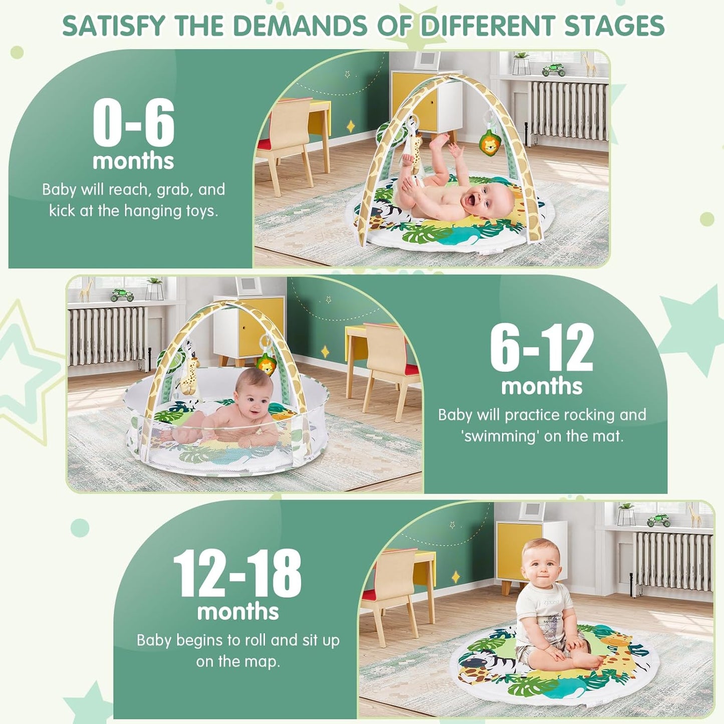 Activity Gym, Baby Play Gym Mat for Toddlers, 0-18 Months Tummy Time Play Mats, Infant Play Gym with Detachable Toys for Sensory Exploration and Motor Skill Development, PM2408