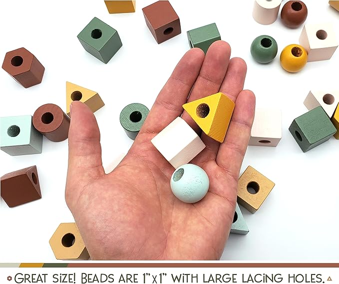 Wooden Lacing Beads & Strings 125 Pieces, Fine Motor Skills Toys for 3 Year Old, Boho Colors
