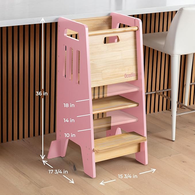 OCODILE Toddler Tower with a Sliding Door and 3 Adjustable Heights - Complete Toddler Kitchen Stool Helper with Support Feet - Safe Design for 18+ Months to 6-Year-Old Kids - Pink