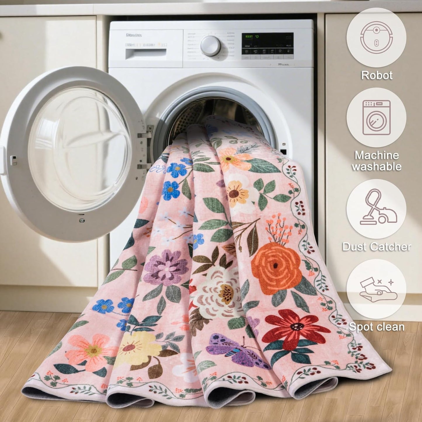 Entryway Rug 2X3 Small Rugs: Floral Washable Door Mat Vintage Soft Low Pile Non-Slip Kitchen Rugs Stain Resistant Indoor Throw Rug for Entrance, Bedroom, Kitchen, Laundry, Bathroom Beige