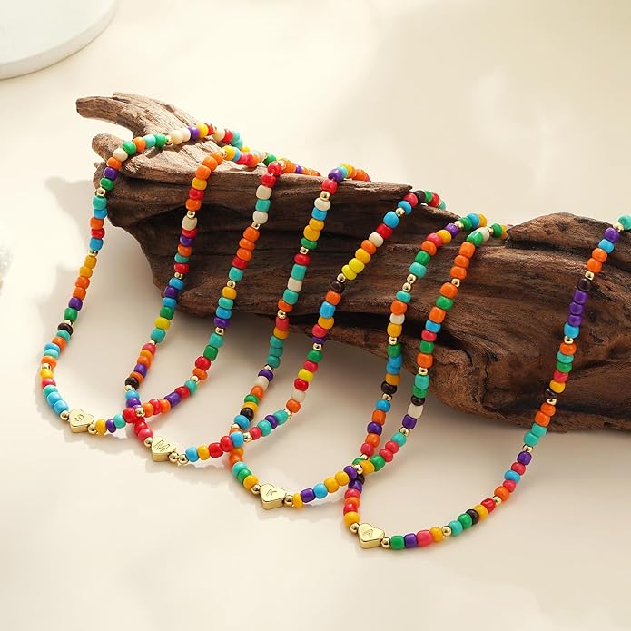 Colorful Heart Initial Necklaces for Girl Kids - 18K Gold Filled Colorful Bead Initial A-Z Letter Necklace Teen Girls Gifts Trendy Stuff Birthday Gifts for 5 6 7 8 9 10 Year Old Girls Gift