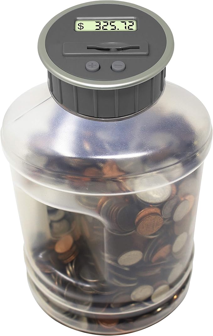 Jumbo Digital Coin Counter Bank - Extra Large Savings Jar for Pennies Nickles Dimes Quarters Half Dollar and Dollar Coins | Clear Jar w/LCD Display