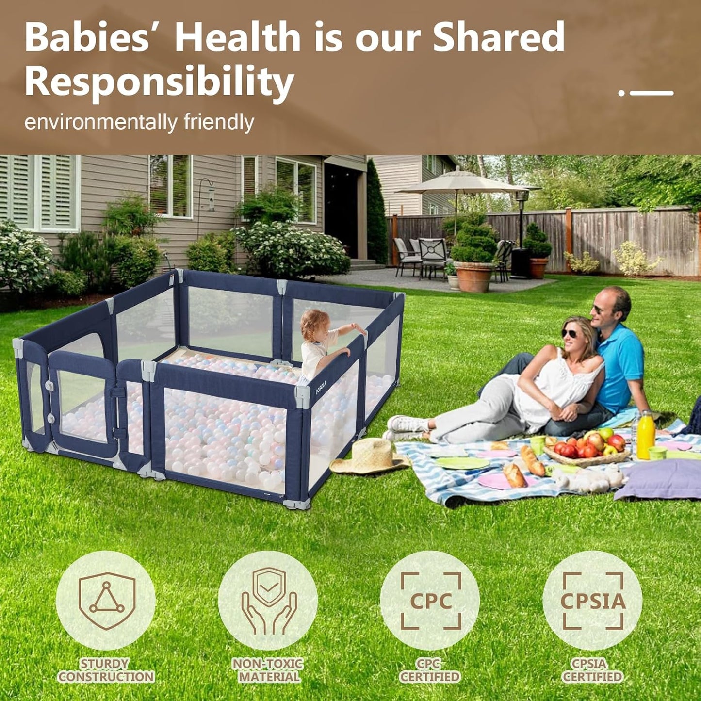 Baby Playpen,Large Play Pen for Babies and Toddlers with Door 79x71 Inch, Adjustable Playpen Non-Slip Suction Cups Base Safe and Sturdy, Indoor Outdoor Playard,Black