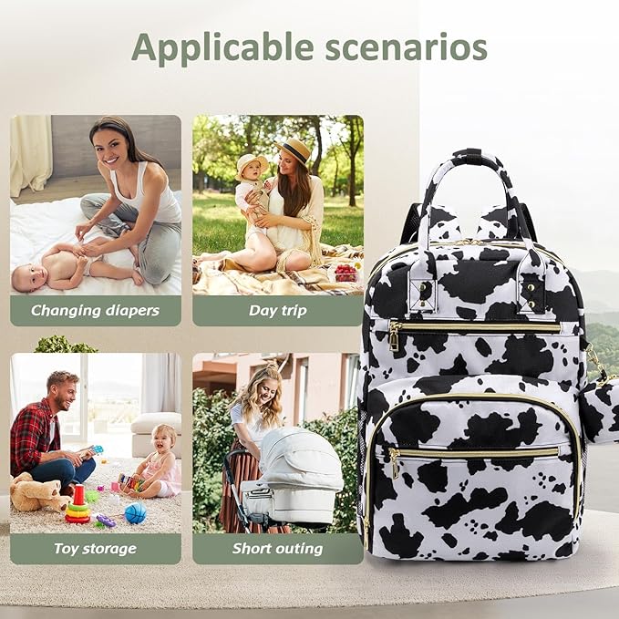Diaper Bag Backpack,Baby Essentials Diapers Bag with Pacifier Case,Multipurpose Stylish Large Capacity Travel Backpack for Baby Girl/Boy(M-Cow Print)