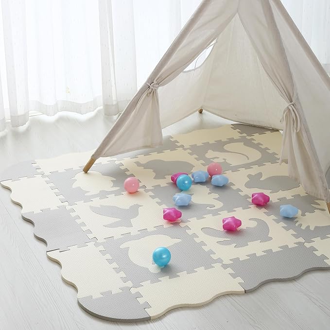 Foam Play Mat for Kids,25Pcs Square Interlocking Puzzle Floor Mat,Baby Play Mat Floor Mat Foam Puzzle Playmat for Toddlers with Fence(Animal-CSH039