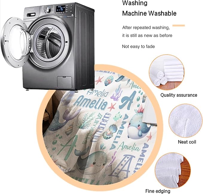 Personalized Baby Blanket for Girls Boys Kids Whales Custom Baby Blanket with Name Throw Birthday Gift for Toddlers Infants Shower Newborns Nursery Stroller Crib Bed Decor