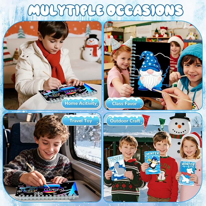 12 Pack Winter Scratch Art Party Favors for Kids - Rainbow Scratch Paper Snowflake Penguin Scratch Off Cards Frozen Birthday Goodie Bags Stuffers - Return Christmas Gifts DIY Classroom Prizes