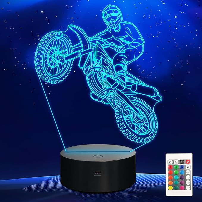 Dirt Bike 3D Night Light, LED Illusion Optical Lamp With16 Colors Changes & Remote Control & Timer, Motorcycle Room Decor, Birthday Christmas Gifts for Boys Girls Kids Men
