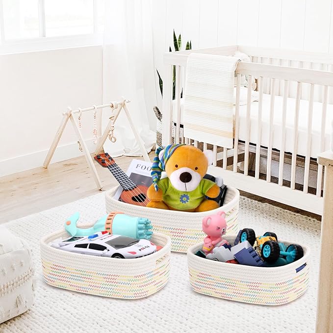 7 Piece Cotton Rope Woven Basket Set - Small Basket for Baby Nursery, Pets, Montessori, Dog & Cat Toy Boxes, Bathroom Organization Bins (White/Rainbow Stitching)