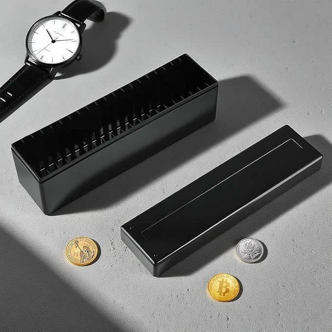 JAPCHET 8 Pack Coin Slab Storage Box with 20 Slab Coin Holders, Black Plastic Coin Case for Collectors 2.7 x 10.4 x 3.5 Inch