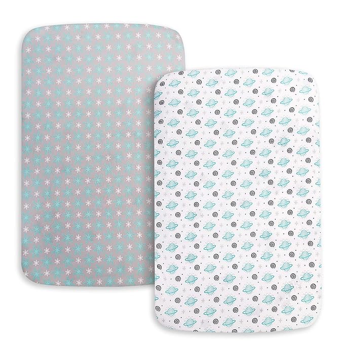 Pack and Play Sheets, 2 Pack Mini Crib Sheets, Stretchy Playard Fitted Sheet, Compatible with Graco Pack n Play, Soft and Breathable Material, Planet & Flower