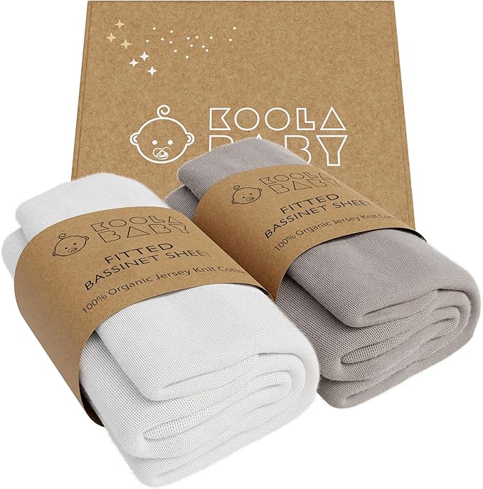 Bassinet Fitted Sheets - Compatible with 4moms MamaRoo Sleep Bassinet | 100% Organic Jersey Cotton - White + Grey | 30x18 (2 Pack)