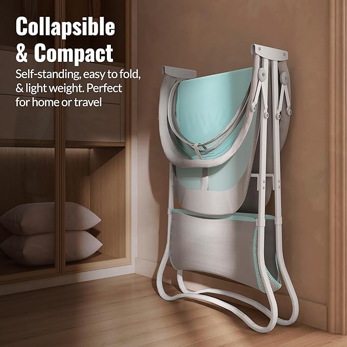 Dream On Me Karley Bassinet in Blue & Grey, Lightweight Portable Baby Bassinet, Quick Fold and Easy to Carry , Adjustable Double Canopy, Indoor and Outdoor Bassinet with Large Storage Basket.