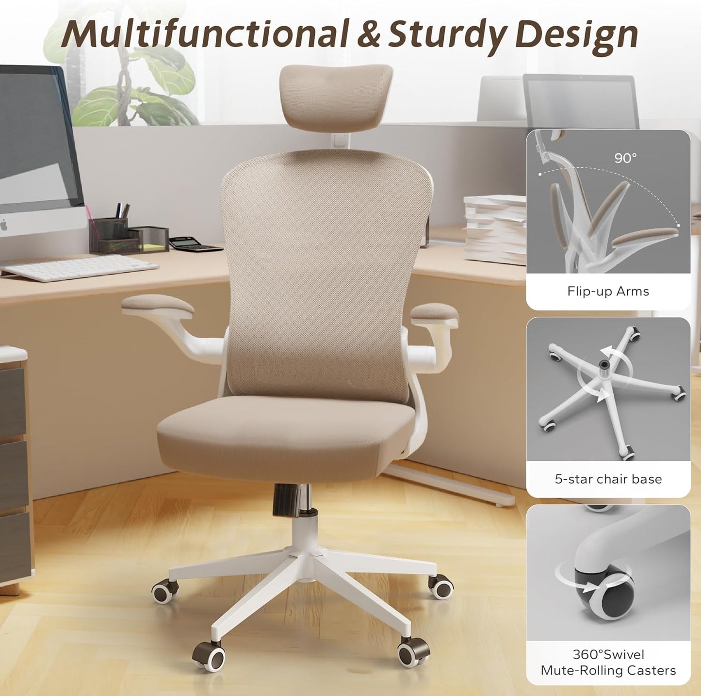 Ergonomic Office Chair with Adjustable Flip-Up Armrests & Lumbar Support - Thickened Cushion Desk Chair with Wheels, Comfy Home Office Computer Chair