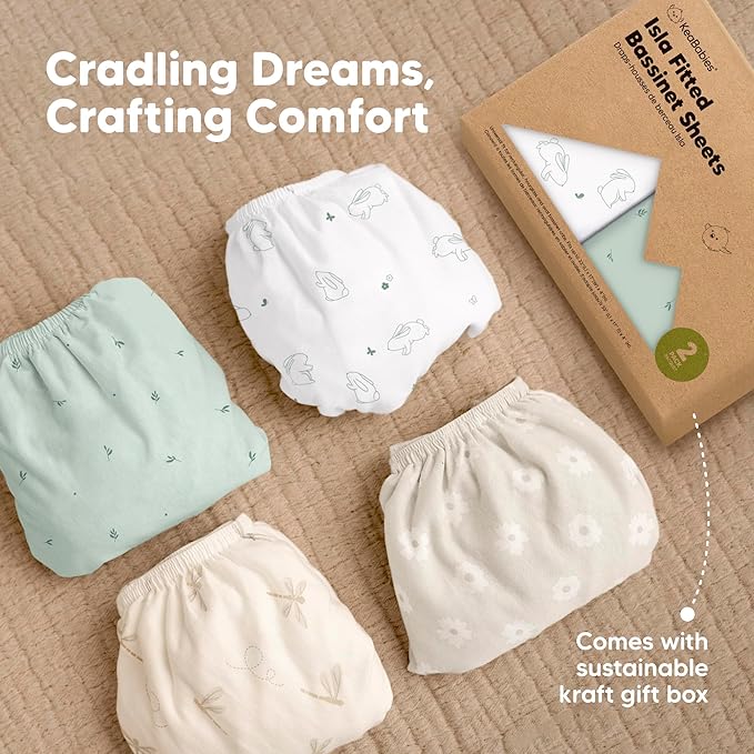 2-Pack Baby Bassinet Sheets Girl, Boy - 33x17 Viscose Derived from Bamboo Bedside Mattress Fitted Bassinet Sheets, Compatible with Halo Bassinest Swivel Sleeper, Baby Delight, Graco (Bunnies)