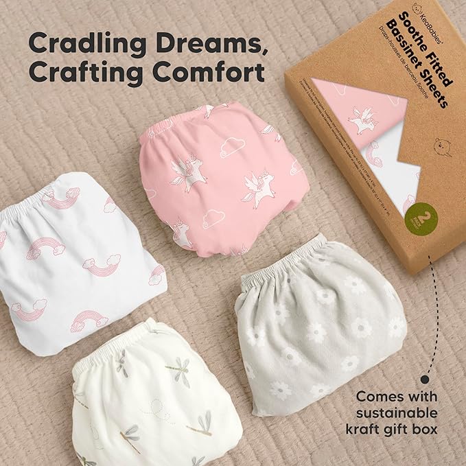 2-Pack Organic Bassinet Sheets for Girls, Boys - 100% Cotton Bassinet Mattress Sheets Compatible with Halo Bassinest Swivel Sleeper, Graco,Baby Delight,Chicco,Unisex Fitted Bassinet Sheets (Dreamland)