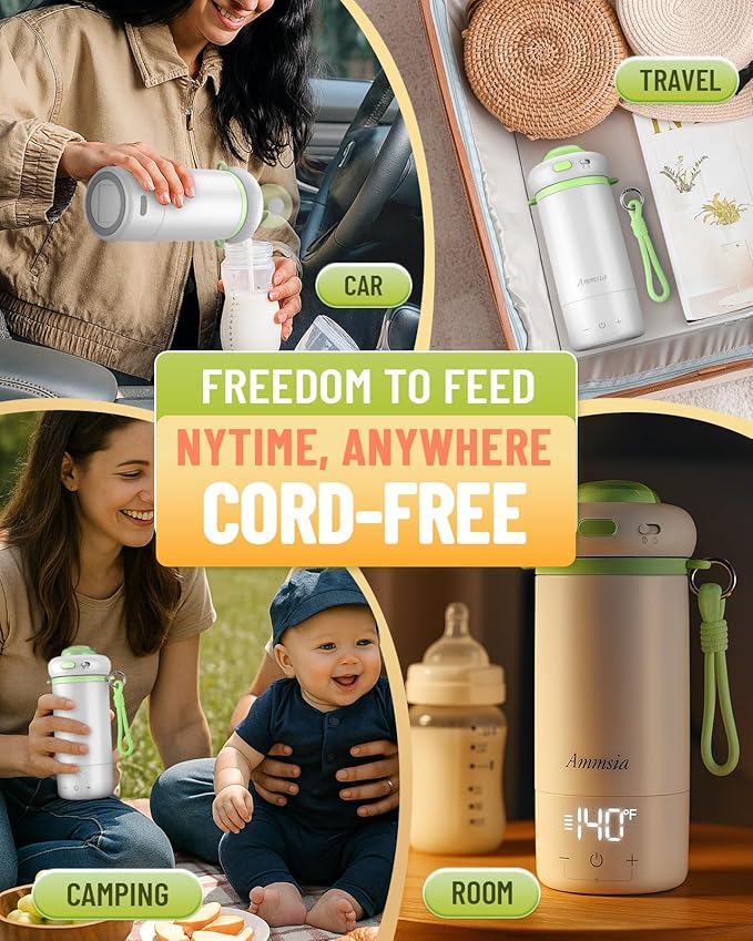 Portable Bottle Warmer for Travel – Fastest Heating & Charging & Long Battery Life, Fits Global 100-240V, Sterilization & Water Quality Test Mode, 17Oz Baby Milk Warmer for Breastmilk, Formula, Water