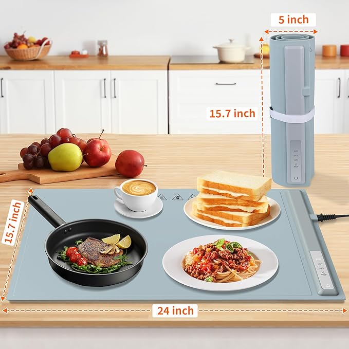 Food Warming Mat Electric Warming Tray, Fast Full Surface Heating with 3 Temperature Level, Rollable Silicone Heating Pad Food Warmer for Parties, Gatherings, Buffet, Countertop, Daily Use