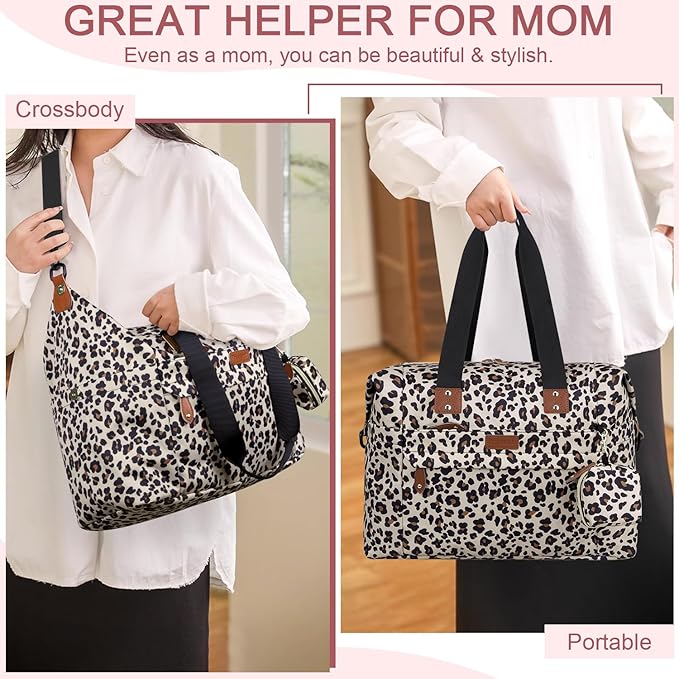 Diaper Bag Tote - Diaper Baby Bags with Pacifier Case, Shoulder Straps, Stroller Clips, Waterproof Large Mommy Maternity Travel Baby Bag for Mom and Dad, Leopard Print