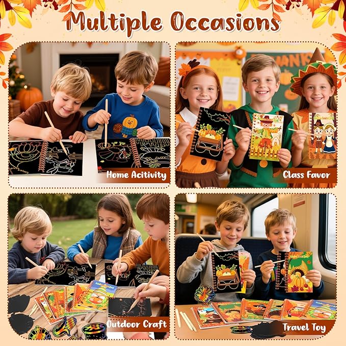 12 Pack Thanksgiving Scratch Art Party Favors for Kids - Rainbow Scratch Paper with Fall Party Scratch Off Cards Easter Birthday Goodie Bags Stuffers - Return Gifts DIY Classroom Prize