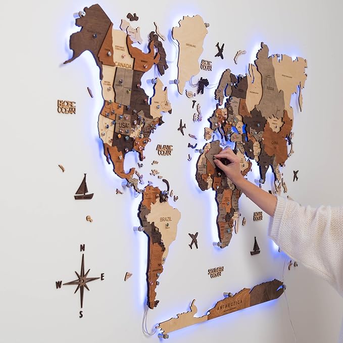 Enjoy The Wood 3D Wood World Map LED 3.0 Wall Art Modern Home Decor Gifts LED Lighting Wall Decor Housewarming Gift (Multicolor)