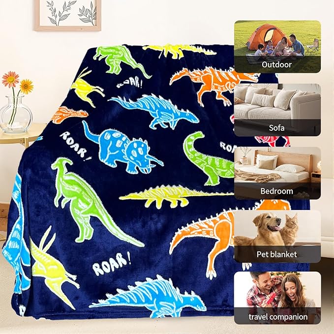 TEHALK Dinosaur Glow in The Dark Blanket for Boys/Girls/Toddler/Baby, Dinosaur Toys for Boy Age 3-12, Cute Funny Kids Throw Blanket for Birthday/Gifts 40"x 60"