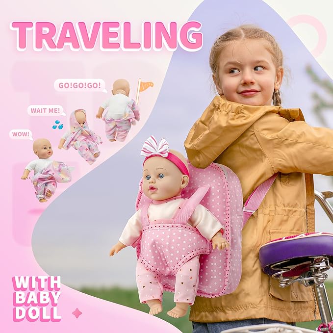 SMILESSKIDDO 12 Inch Soft Body Baby Doll for Toddlers with Take Along Dolls Backpack Carrier Accessories, Baby Doll Clothes and Babydoll Caring Set for Kids Girls 2 3 4 5 Year Old