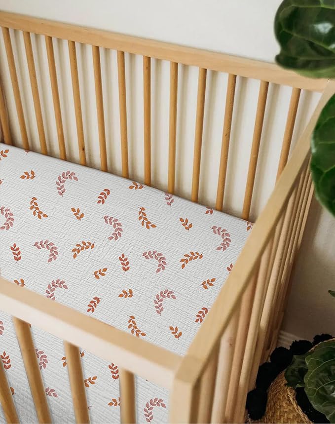 Mini Crib Sheets for Baby, Fitted Pack N Play Mattress and Mini Cribs 24" x 38", Neutral Muslin Cotton Mini Crib Mattress Sheet with Boho Style, Soft and Breathable Comfort (Leaf)