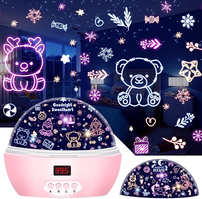 Kid Unicorn Night Light for Girls, and Baby Bear Night Lights Rotating Light Projector with Timer Color Changing Birthday Gifts for 3-5-10 Year Old Girls