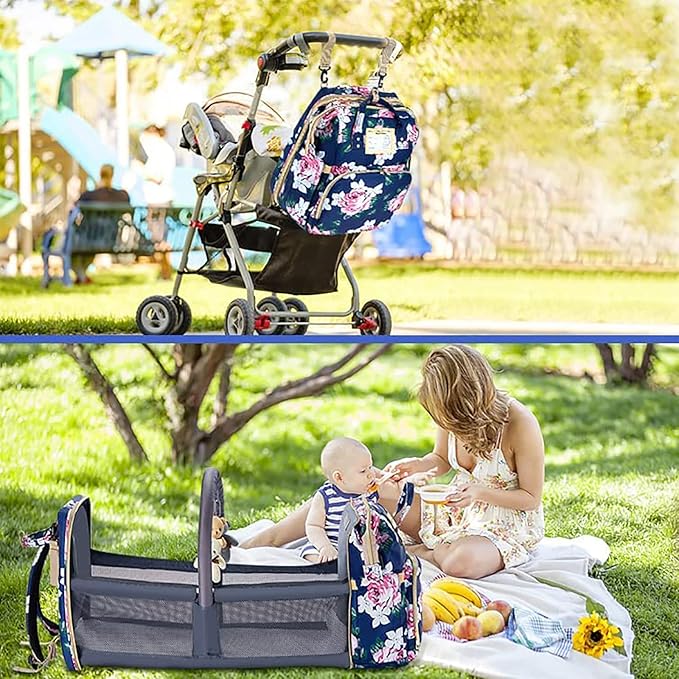 Diaper Bag Backpack with Changing Station, Foldable for Bady Toddler, 3 in 1 Large Capacity Newborn Essentials Organizer with Stroller Hook for Girls and Boys(Blue)