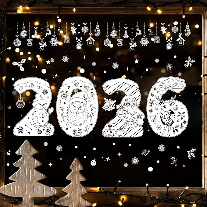Christmas 2026 Cute Number Window Clings for Glass Windows,5 Sheets Static Christmas Window Decorations Xmas Holiday White Snowman Santa Window Stickers Decals for Party Home Winter Indoor Decor