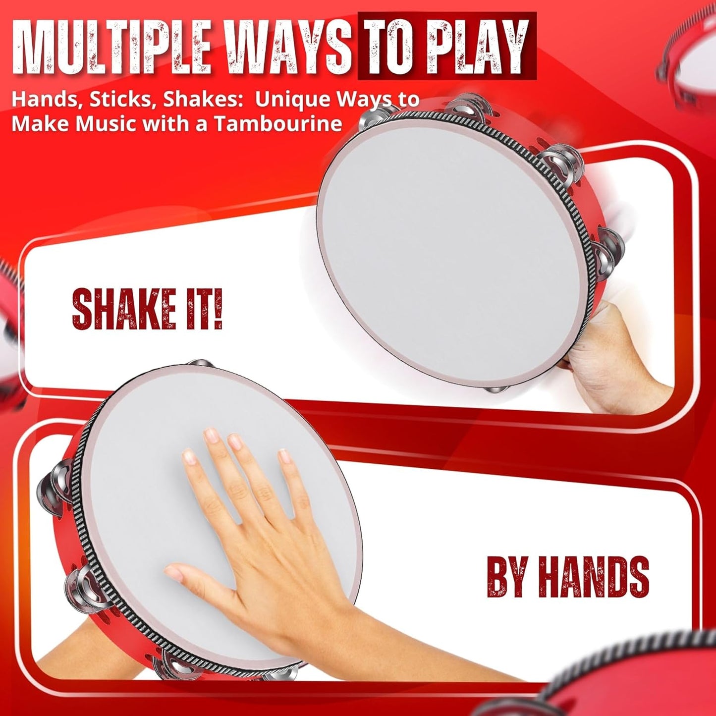 Flexzion Wood Handheld Tambourine Adults 6-Inch Double Row 8-Pair Jingles (Red) - Percussion Round Tamborines Musical Instrument with Metal Zills