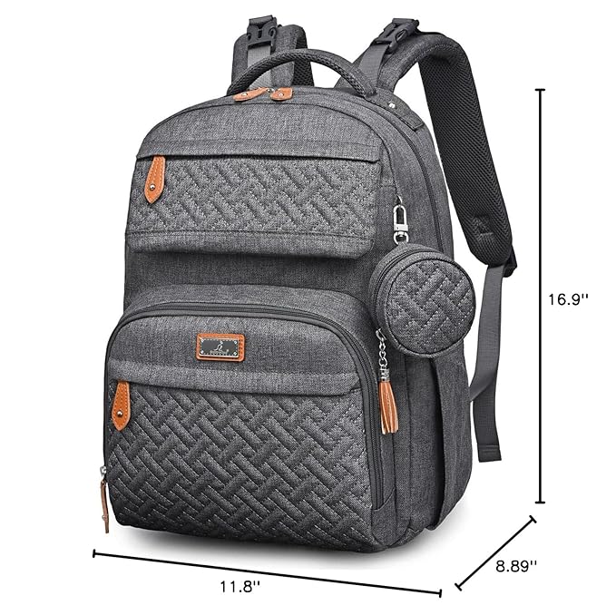 BabbleRoo Diaper Bag Backpack, Travel Backpack with Changing Pad, Pacifier Case & Stroller Straps, Multifunction, Waterproof, Unisex - Dark Gray