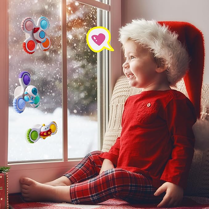 LiKee Strong Suction Cup Fidget Rotating Sensory Bath Toys for Baby 12 18 Months Airplane Car Travel Table & Window Toys for 1 2 Years Old Toddler Boys and Girls (Space-1)